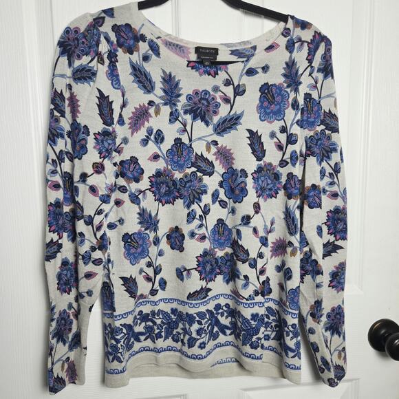Talbots Sweaters - Talbots Sweater Womens M Gray Merino Wool Floral Print Crewneck Lightweight Knit